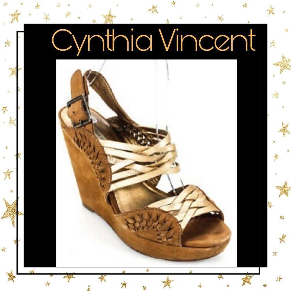 Cynthia Vincent Brown Strappy Wedge Sandals 6